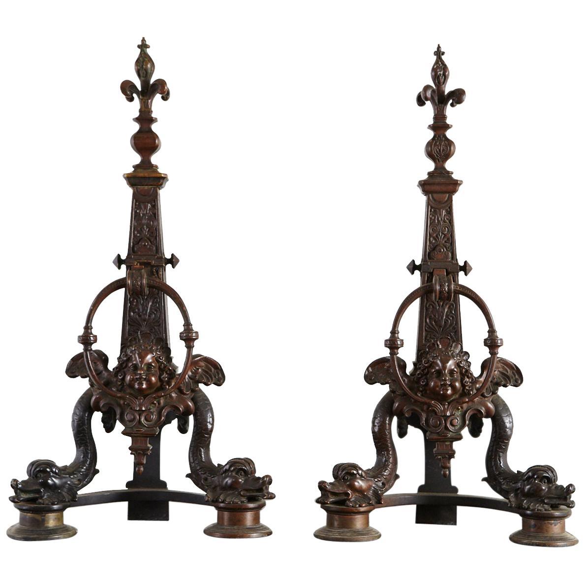 Pair of Late 19th Century French Baroque Bronze Andirons with Dolphin and Putti For Sale
