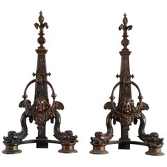 Pair of Late 19th Century French Baroque Bronze Andirons with Dolphin and Putti
