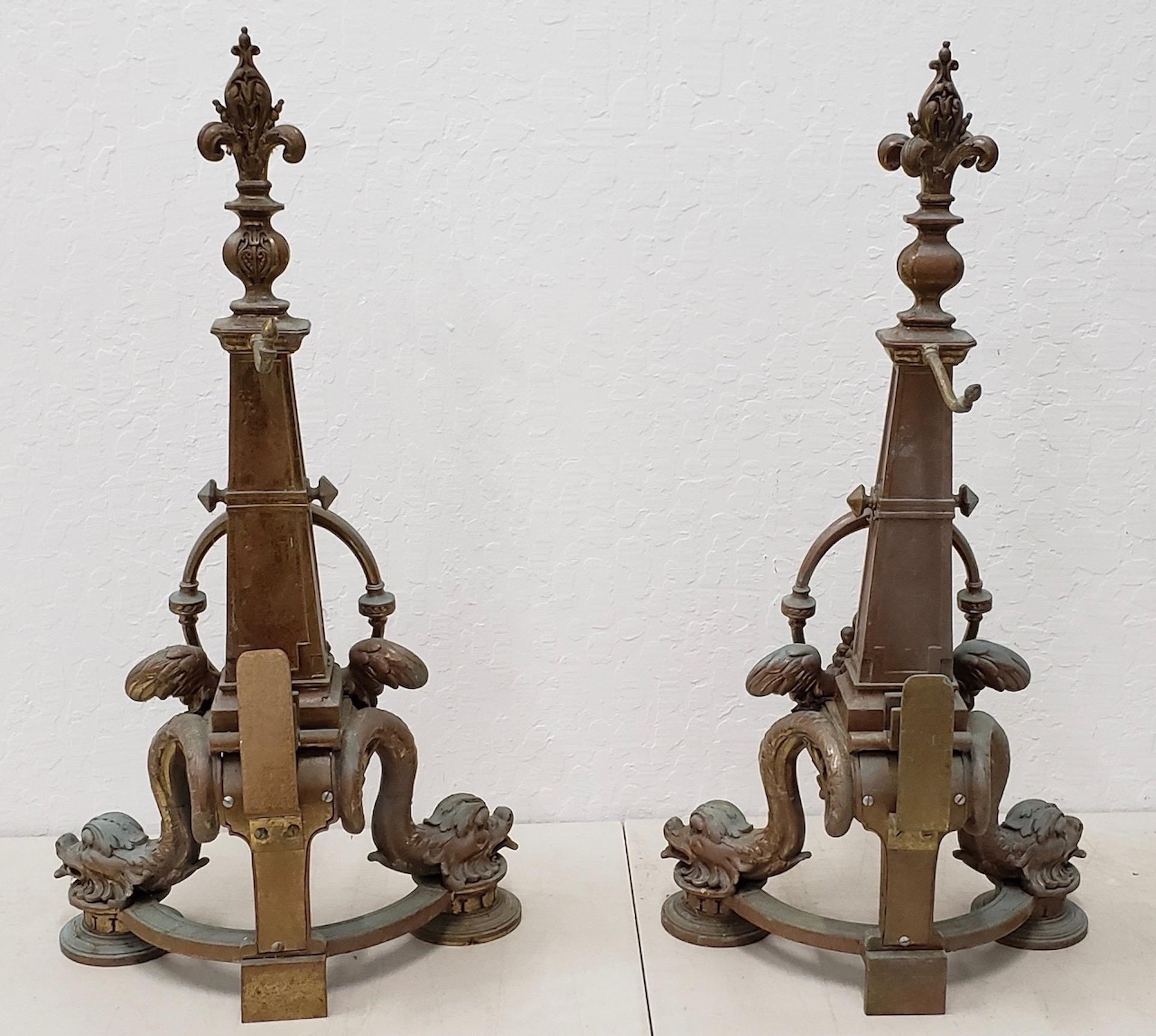 Bronzo Coppia di Chenet / Andirons in bronzo barocco francese della fine del XIX secolo in vendita