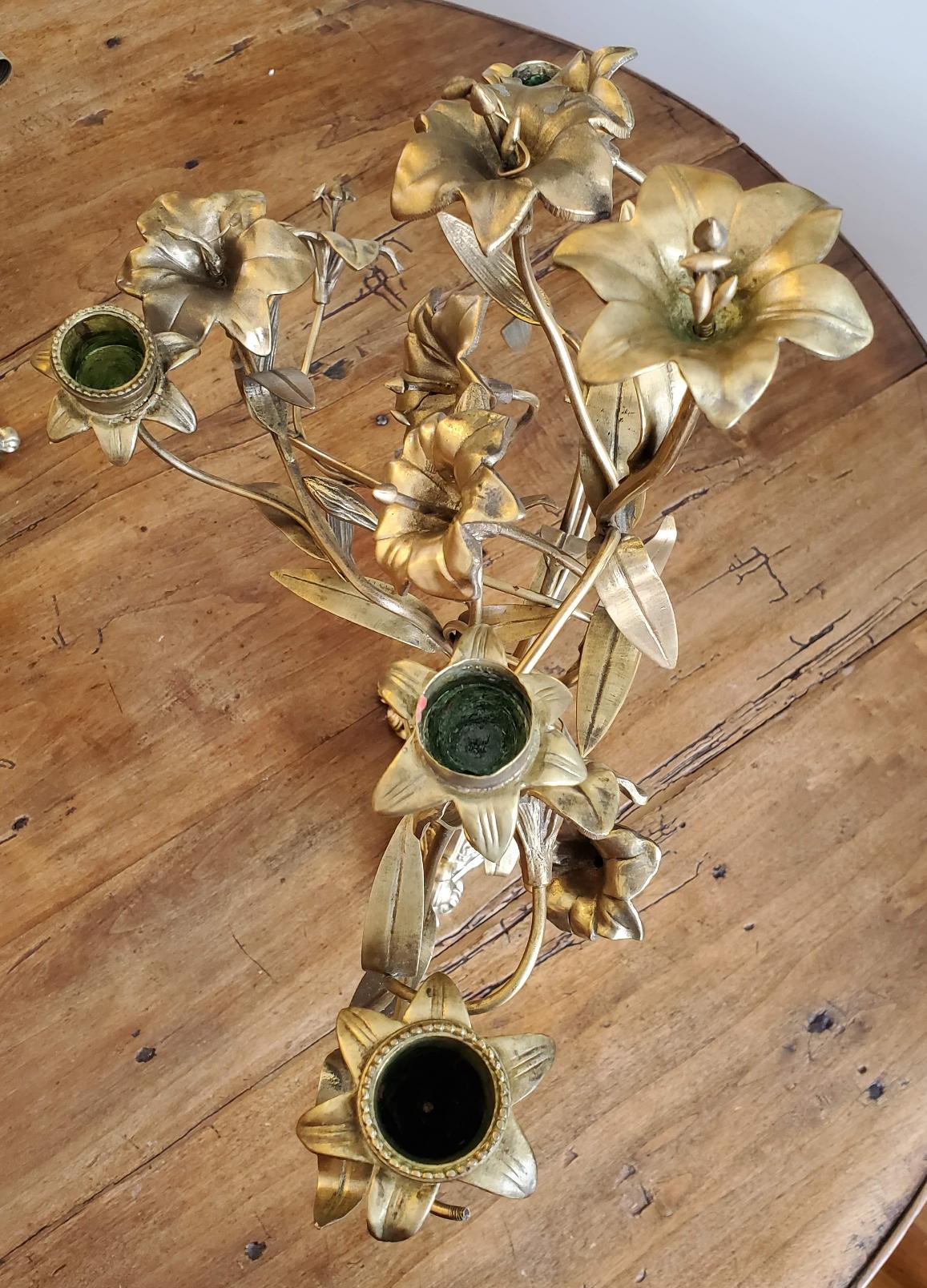 French Provincial Pair of Late 19th Century French Brass Flower Candelabra For Sale