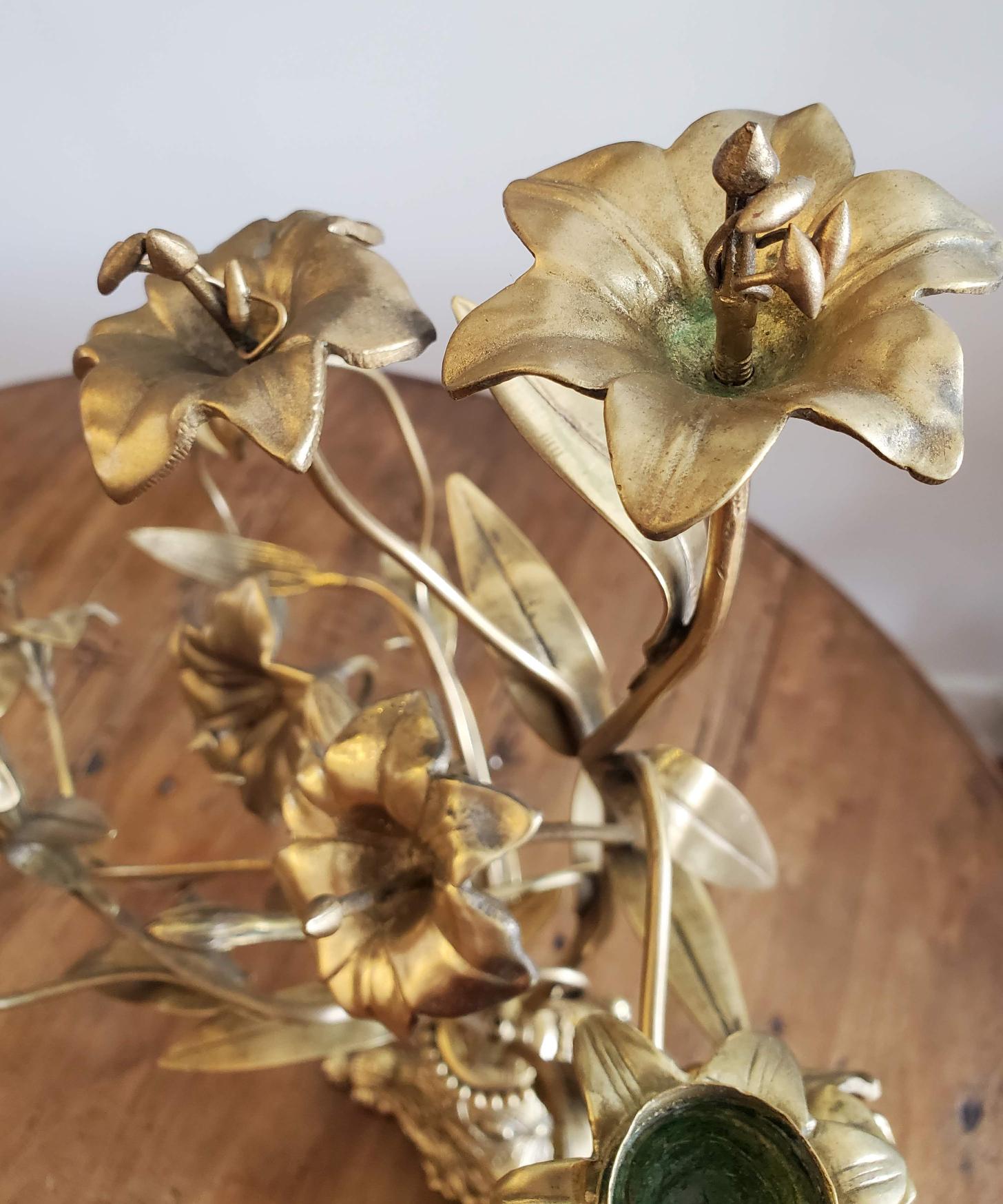 Gilt Pair of Late 19th Century French Brass Flower Candelabra For Sale