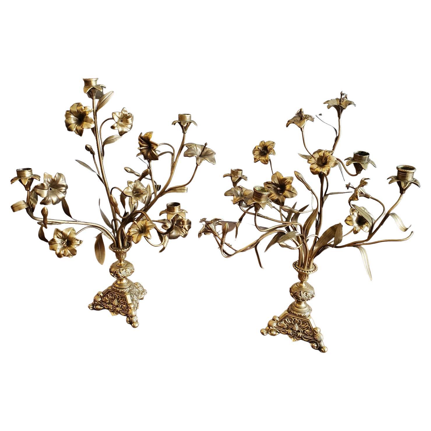 Pair of Late 19th Century French Brass Flower Candelabra For Sale