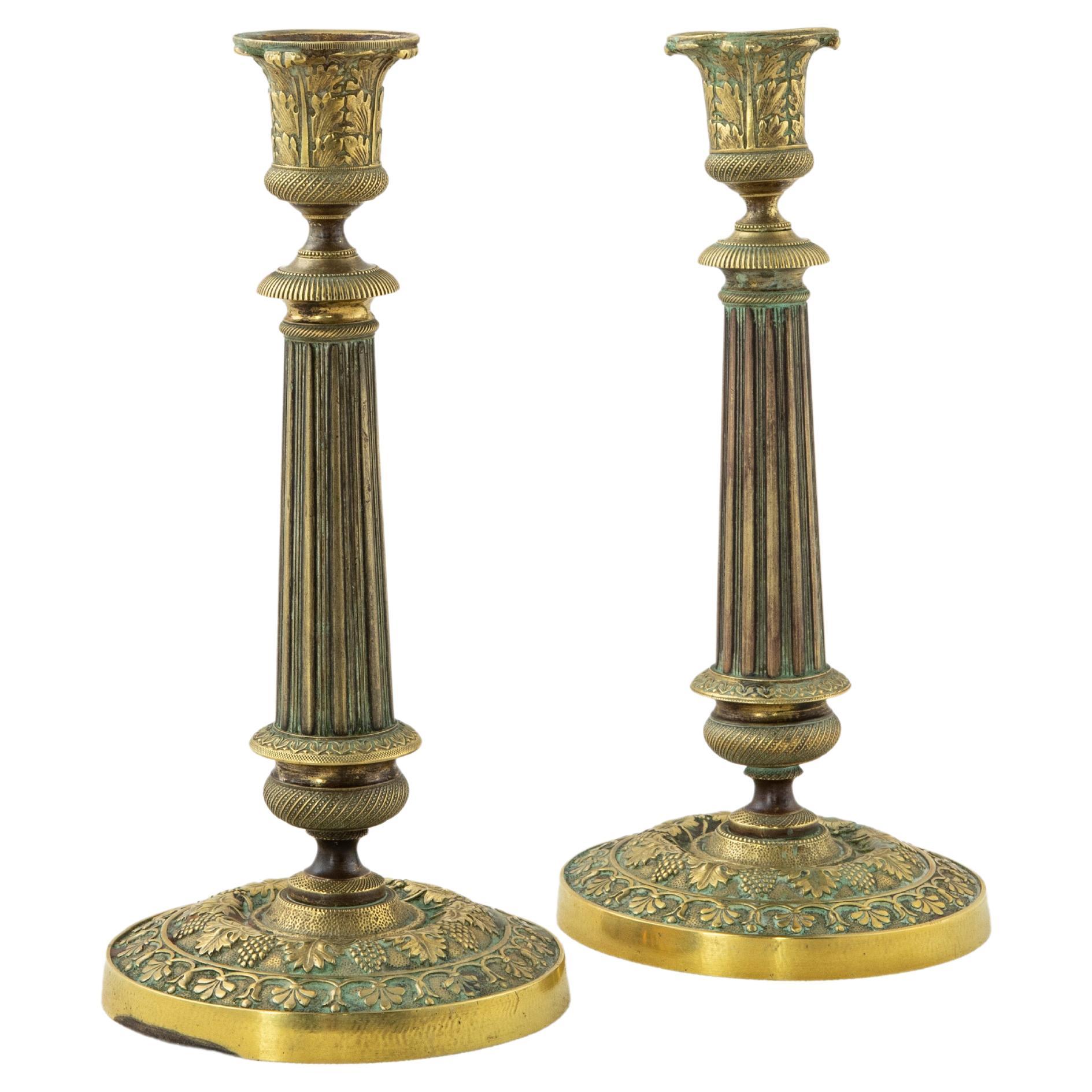 Paar französische Bronze-Kerzenständer des späten 19. Jahrhunderts mit Trauben, Traubenblättern im Angebot