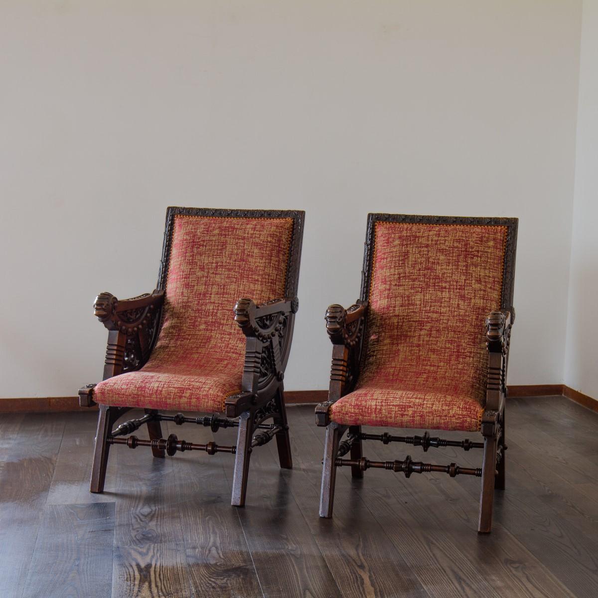 Arts and Crafts Pair of Late 19th Century French Carved Walnut Armchairs