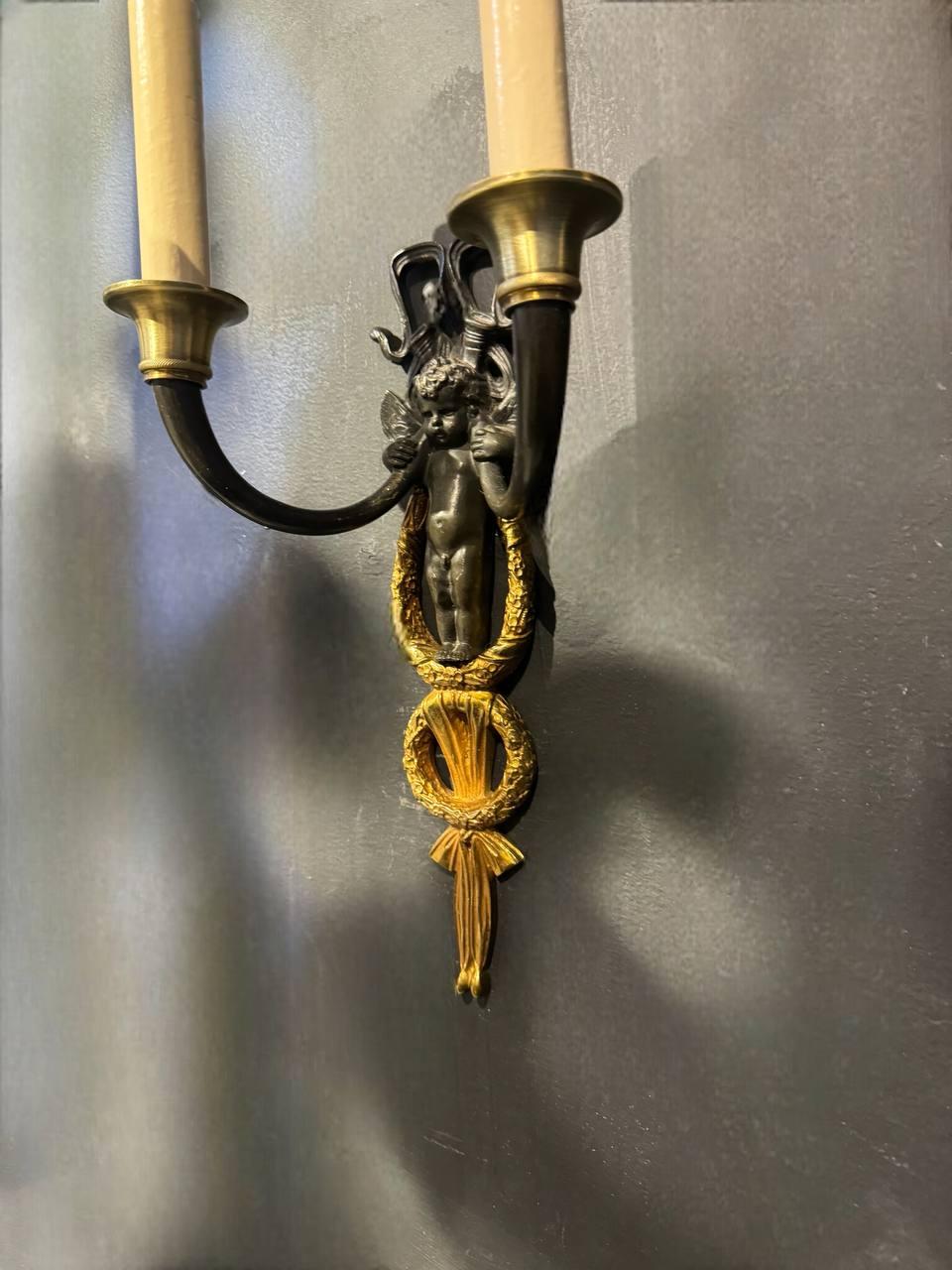 Pair of Late 19th Century French Empire Cherubs Sconces In Good Condition For Sale In New York, NY