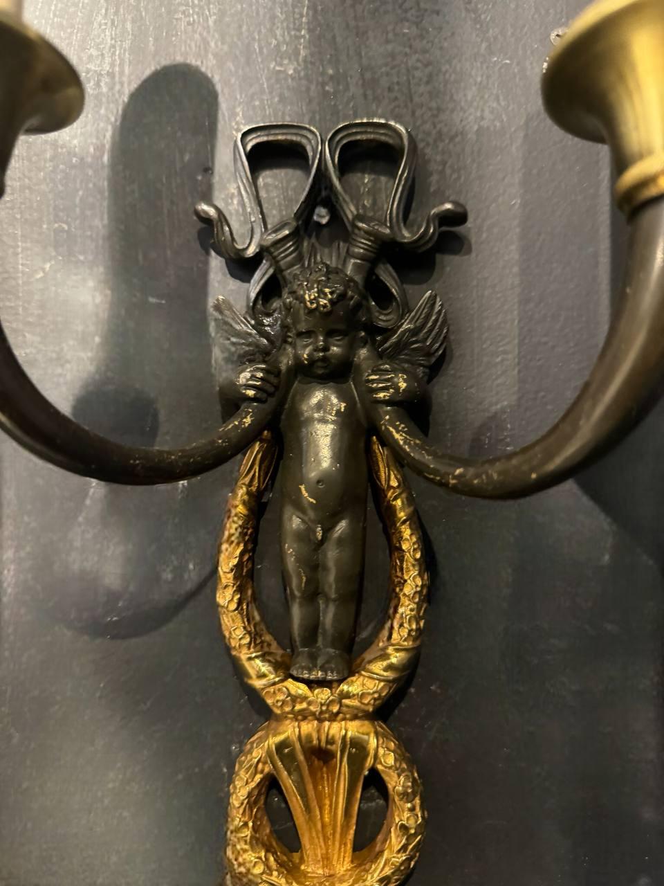 Bronze Pair of Late 19th Century French Empire Cherubs Sconces For Sale