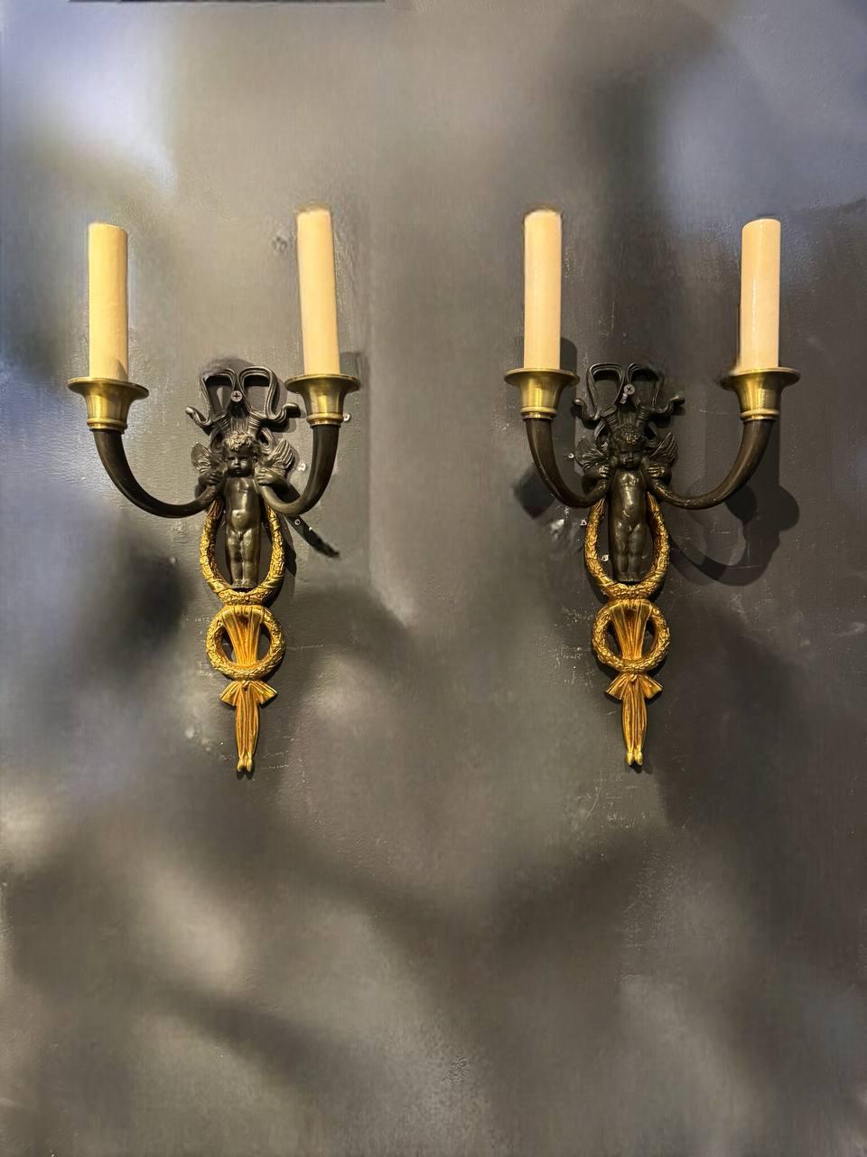 Pair of Late 19th Century French Empire Cherubs Sconces For Sale 1