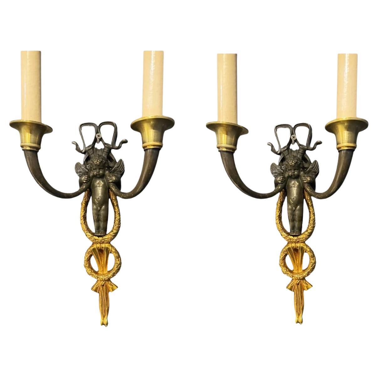 Pair of Late 19th Century French Empire Cherubs Sconces For Sale