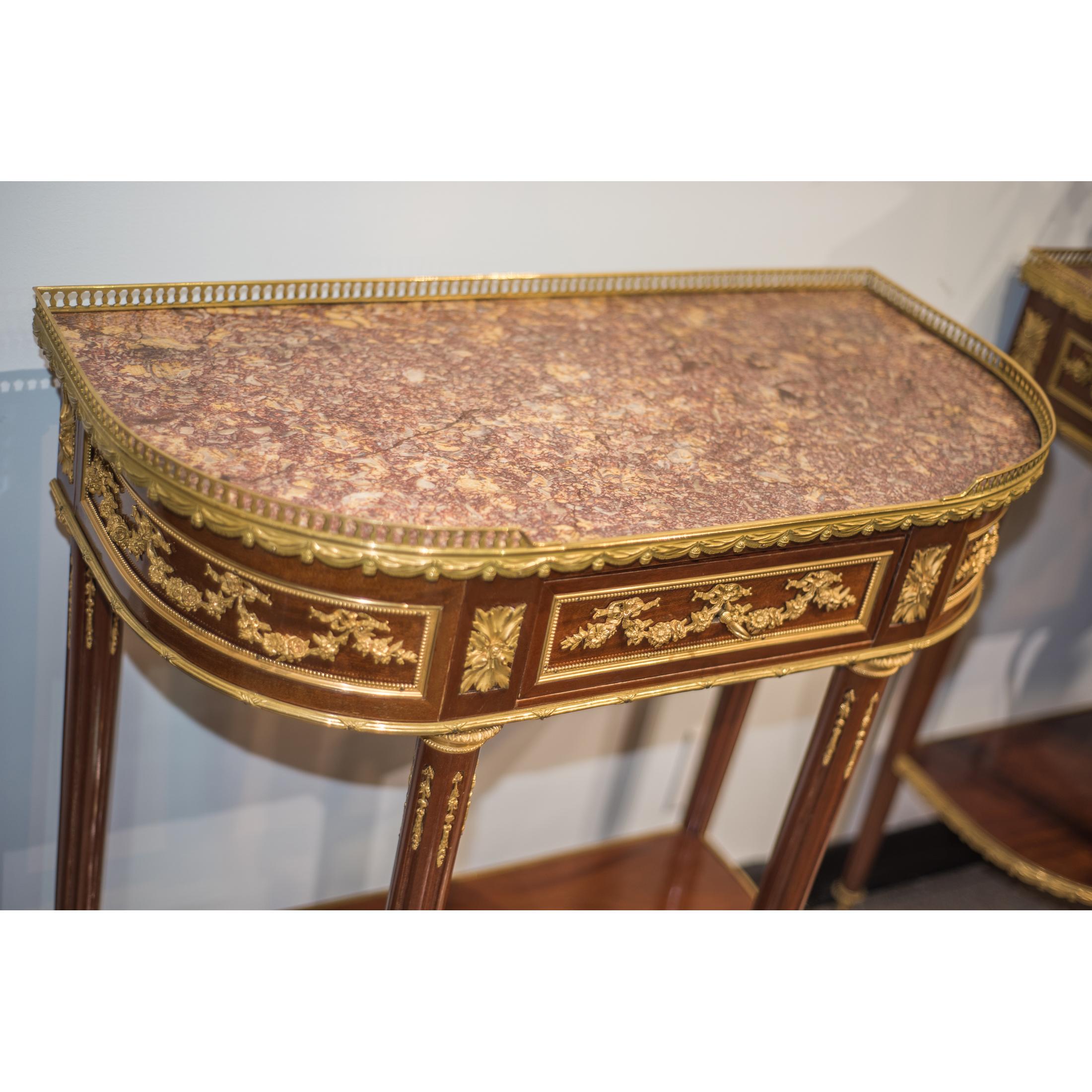 Pair of Late 19th Century French Gilt Bronze Mounted Mahogany Consoles For Sale 3