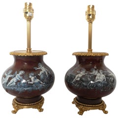 Antique Pair of Late 19th Century French Limoges Enamel Lamps