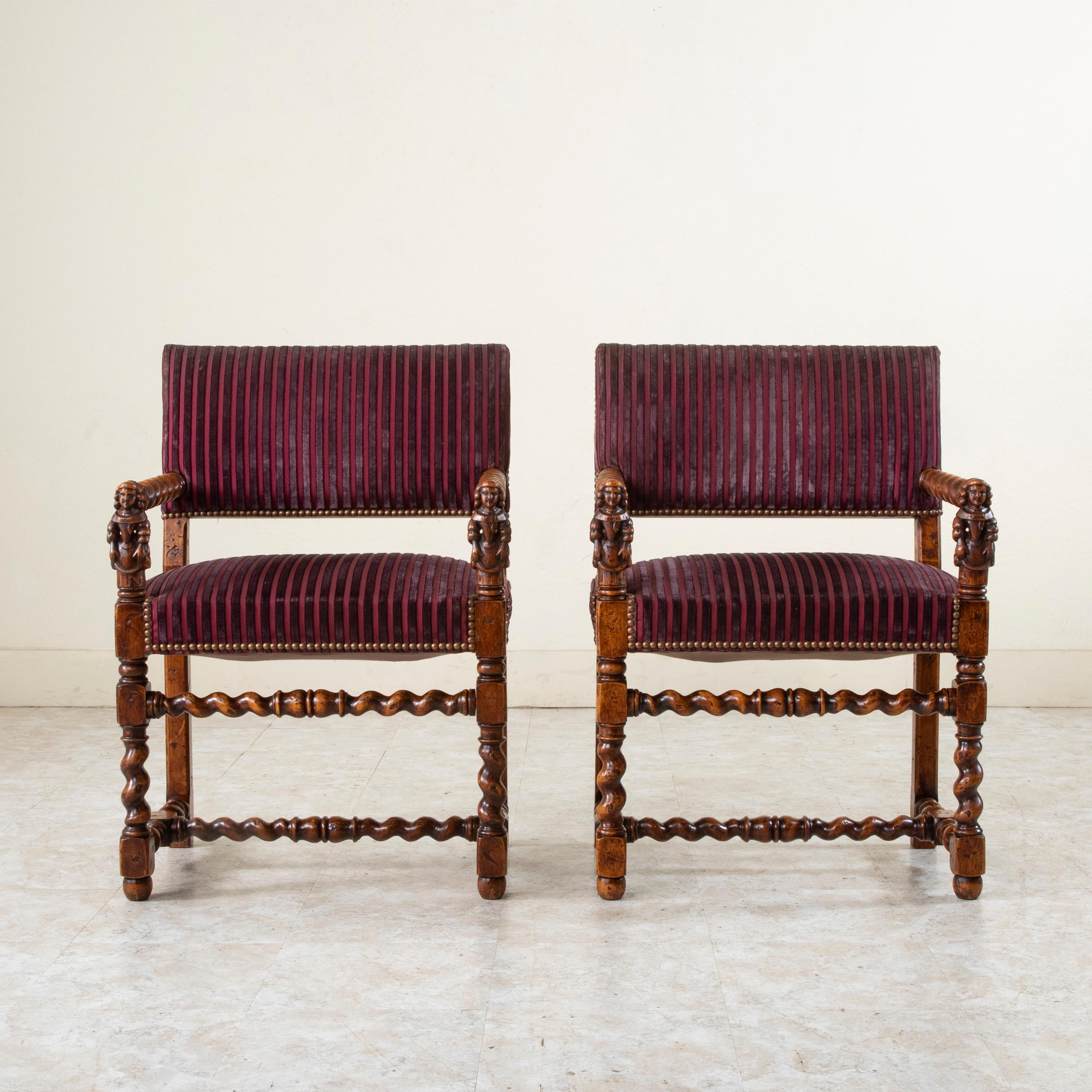 Hand-Carved Pair of Late 19th Century French Louis XIII Style Hand Carved Oak Armchairs For Sale