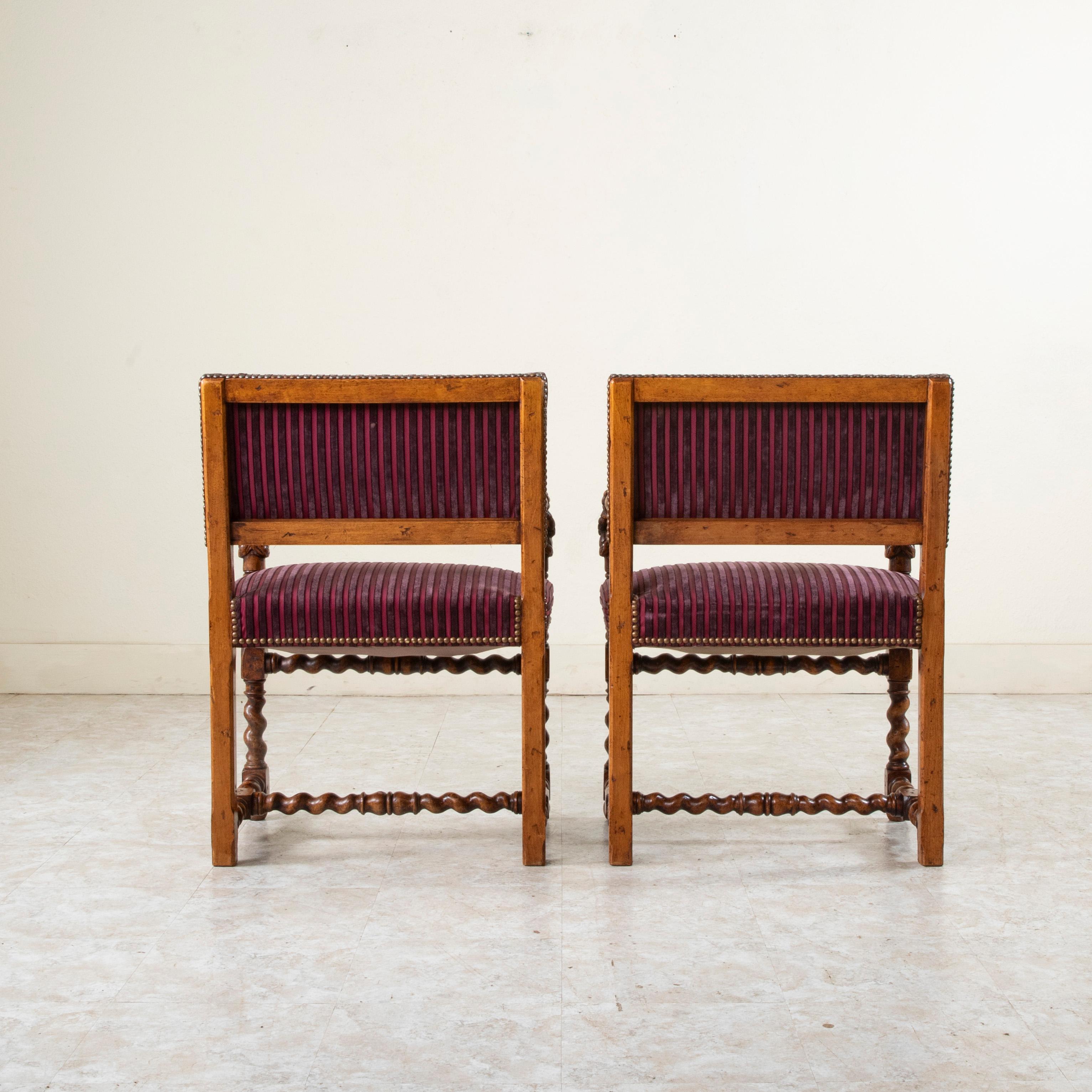 Upholstery Pair of Late 19th Century French Louis XIII Style Hand Carved Oak Armchairs For Sale