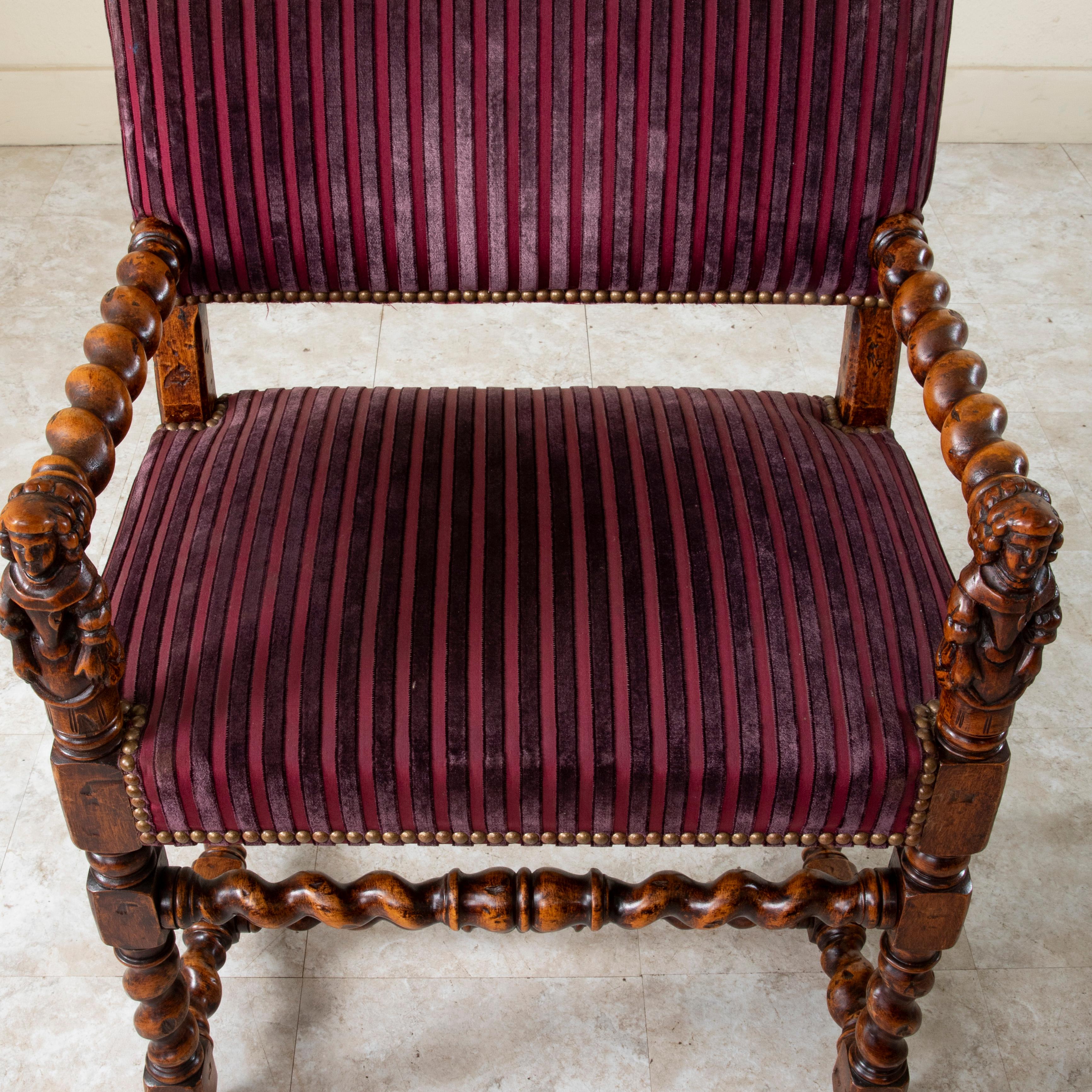 Pair of Late 19th Century French Louis XIII Style Hand Carved Oak Armchairs For Sale 3