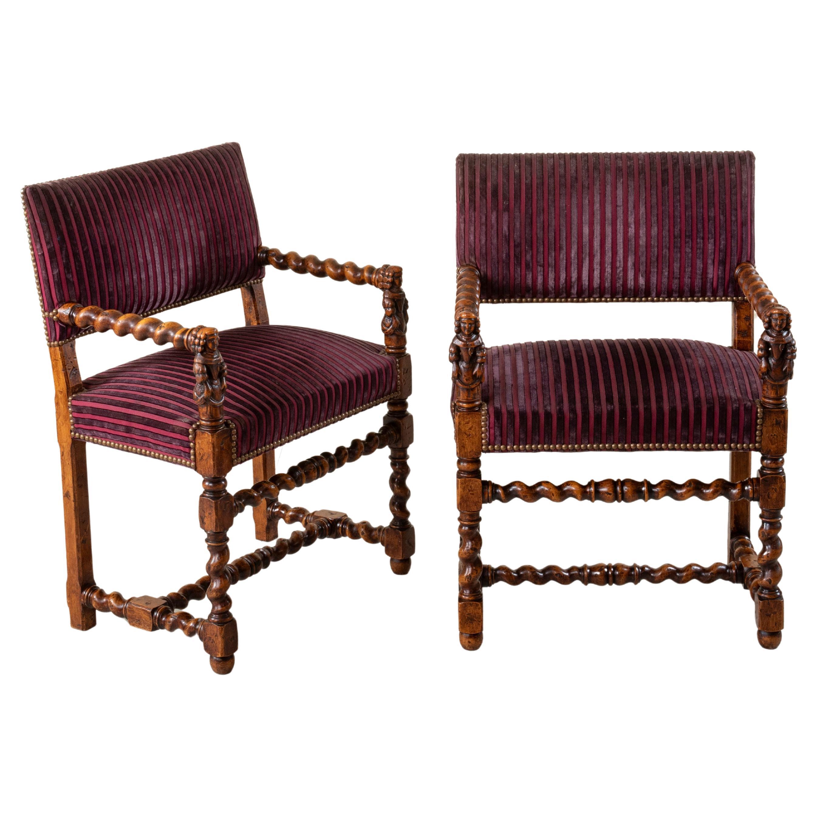 Pair of Late 19th Century French Louis XIII Style Hand Carved Oak Armchairs For Sale