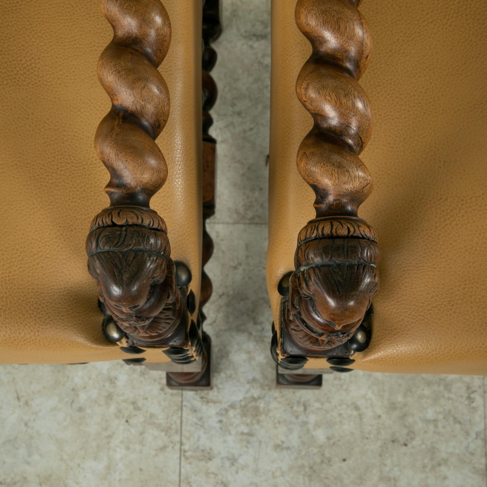 Pair of Late 19th Century French Louis XIII Style Walnut Armchairs, Leather Seat 6