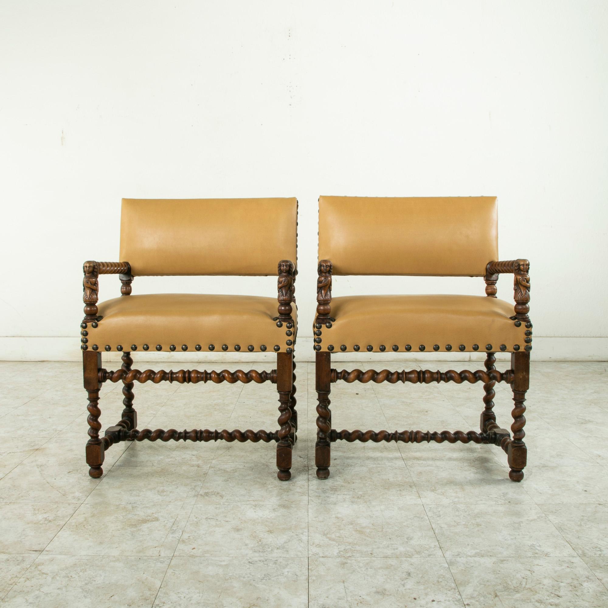 Hand-Carved Pair of Late 19th Century French Louis XIII Style Walnut Armchairs, Leather Seat