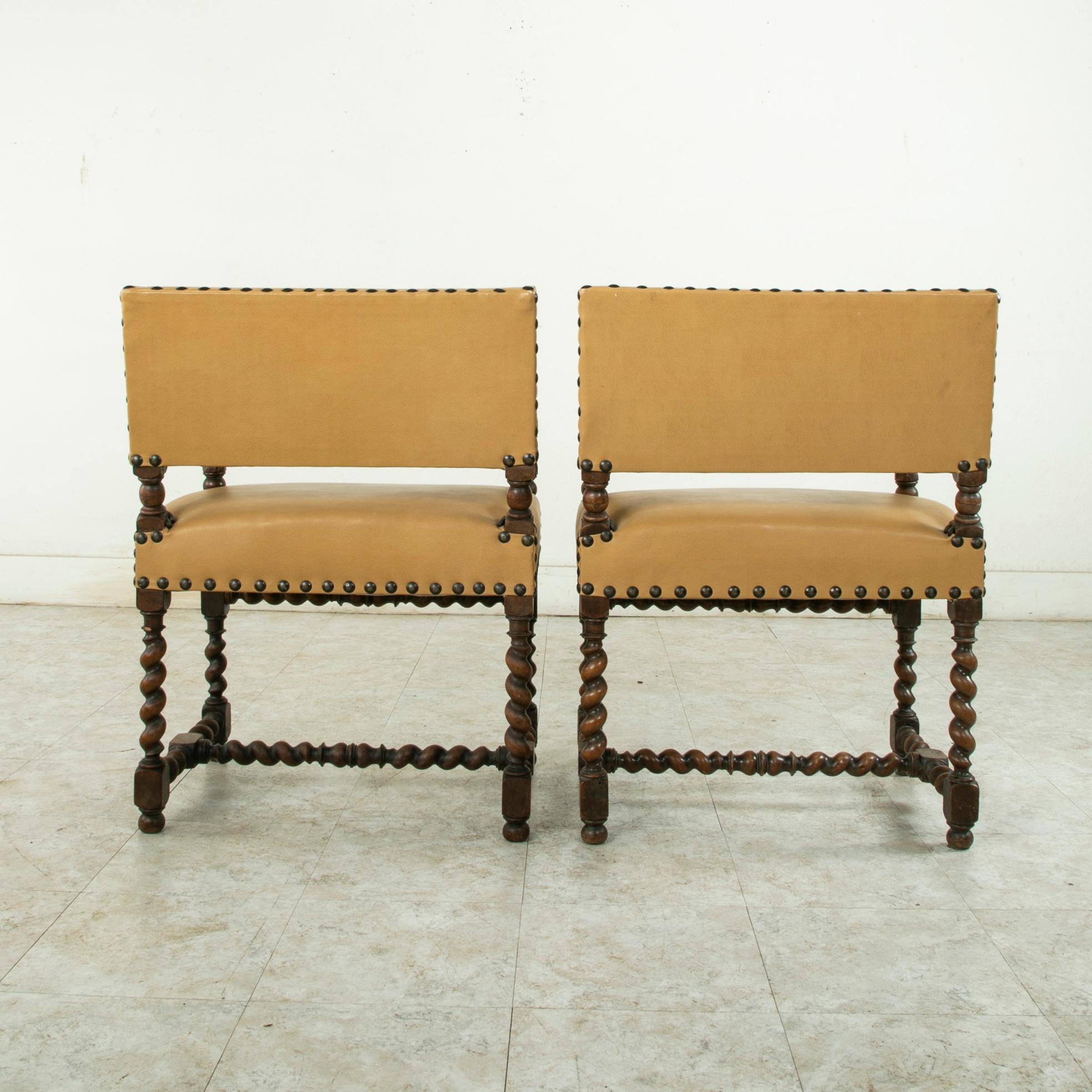 Pair of Late 19th Century French Louis XIII Style Walnut Armchairs, Leather Seat 1