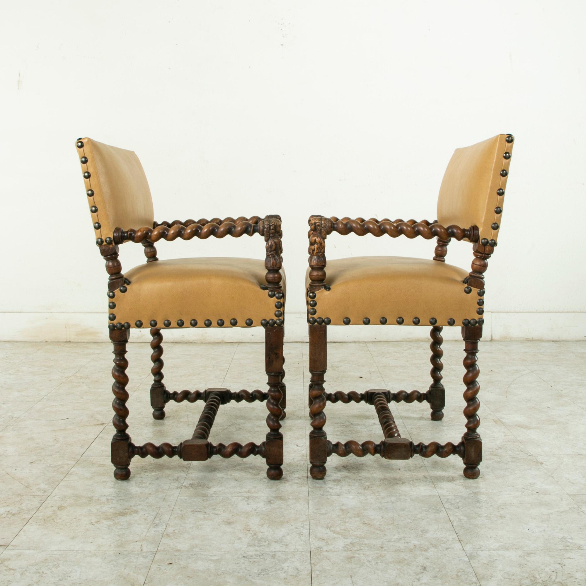 Pair of Late 19th Century French Louis XIII Style Walnut Armchairs, Leather Seat 2