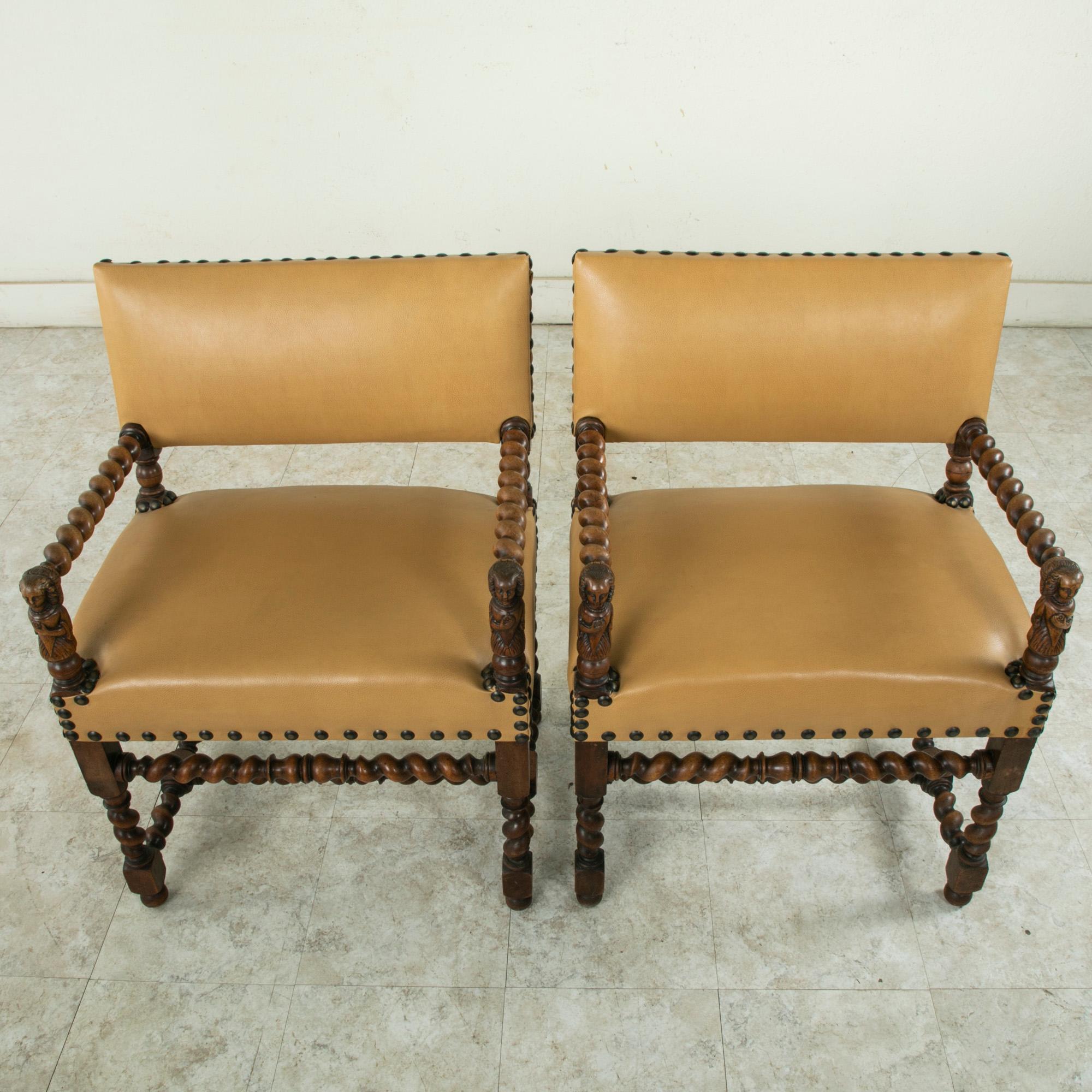 Pair of Late 19th Century French Louis XIII Style Walnut Armchairs, Leather Seat 3