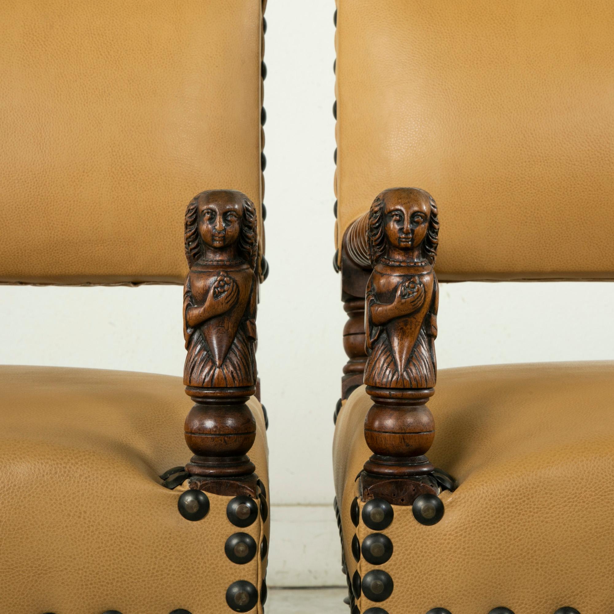 Pair of Late 19th Century French Louis XIII Style Walnut Armchairs, Leather Seat 4