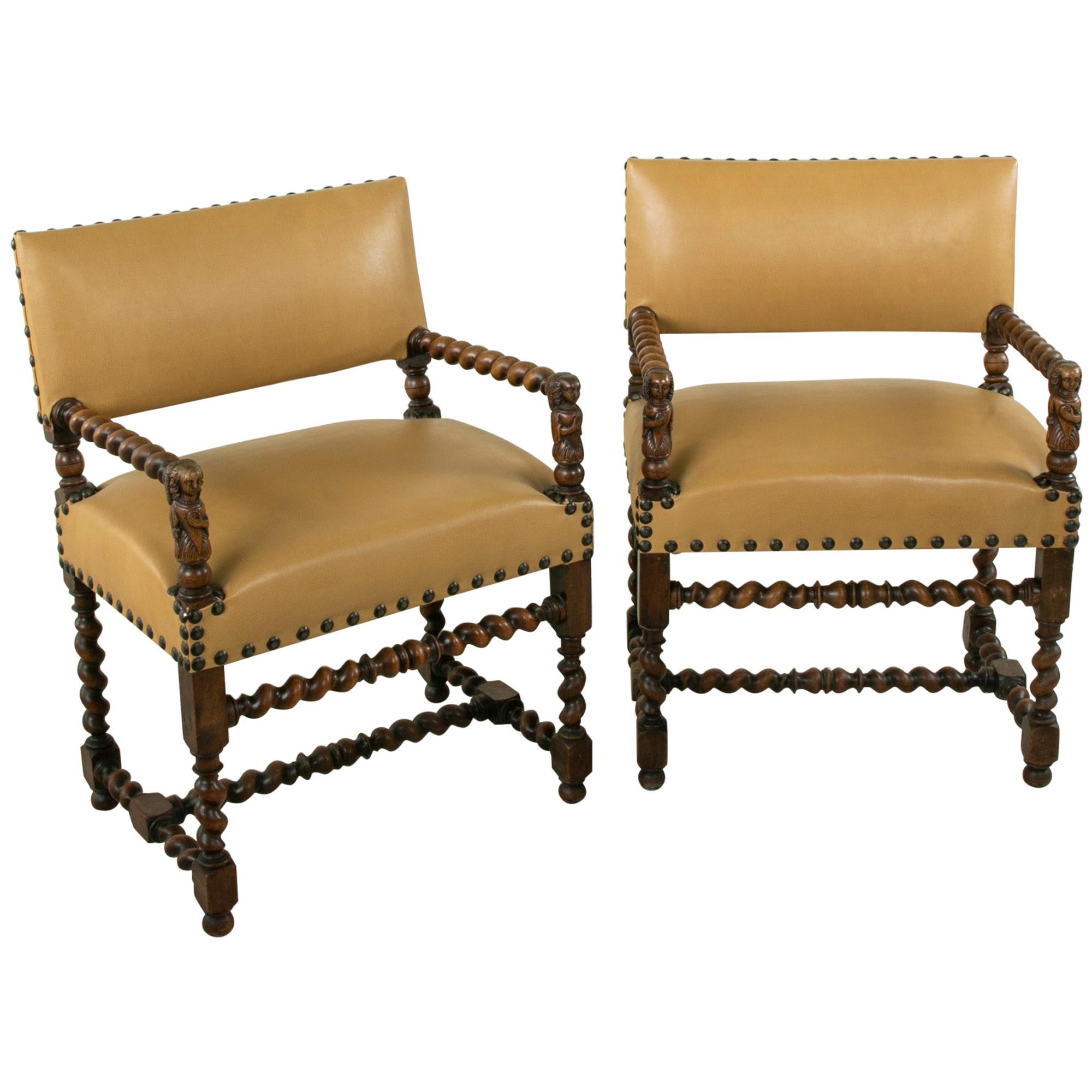 Pair of Late 19th Century French Louis XIII Style Walnut Armchairs, Leather Seat