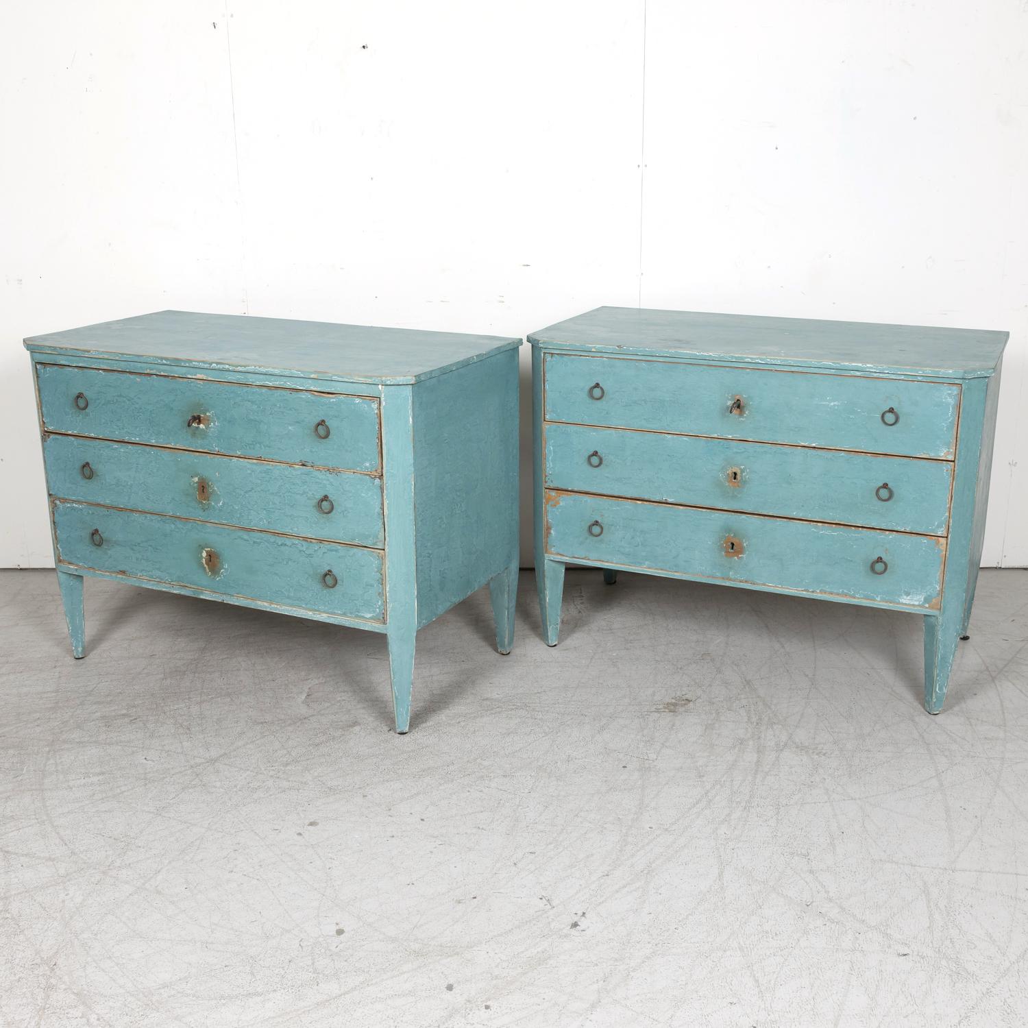 Hand-Painted Pair of Late 19th Century French Louis XVI Style Aqua or Teal Painted Commodes