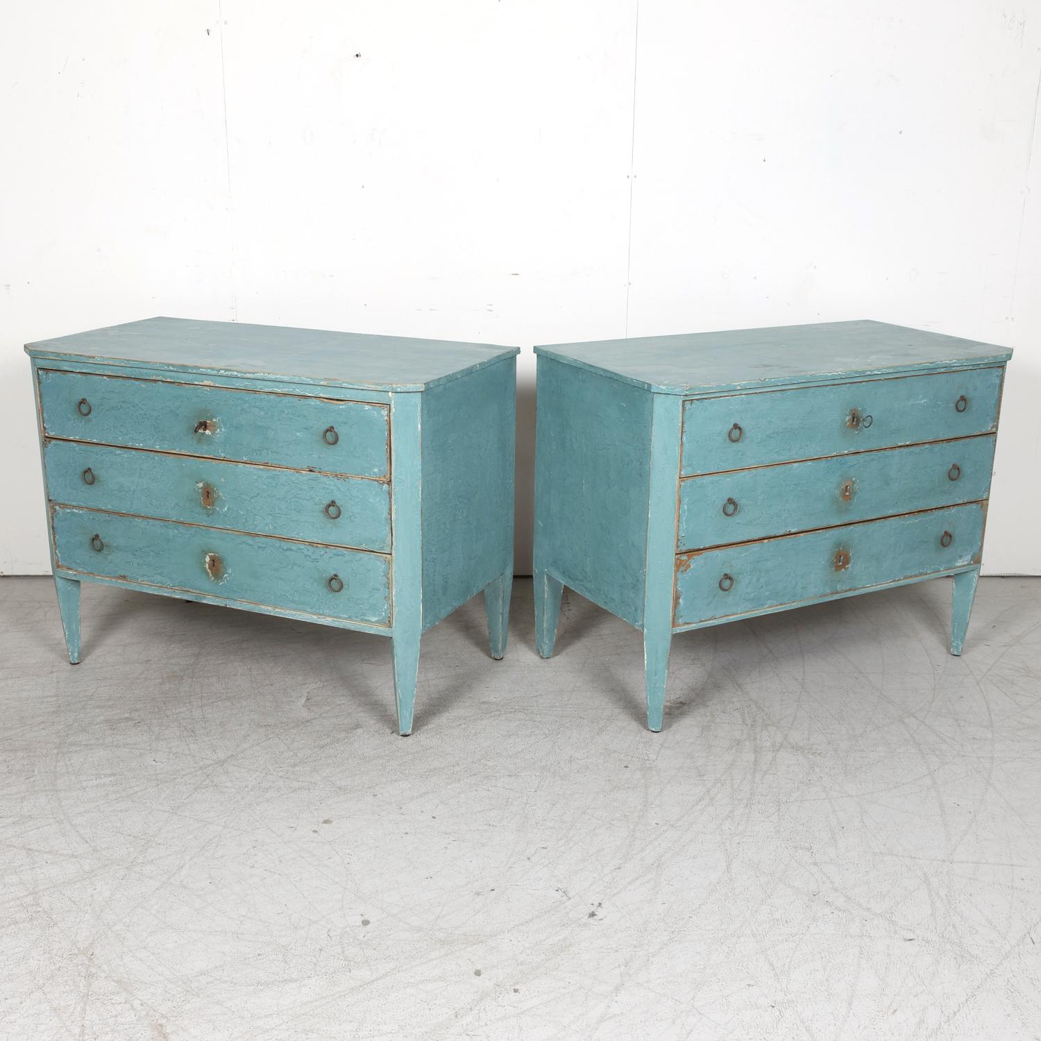 Wood Pair of Late 19th Century French Louis XVI Style Aqua or Teal Painted Commodes