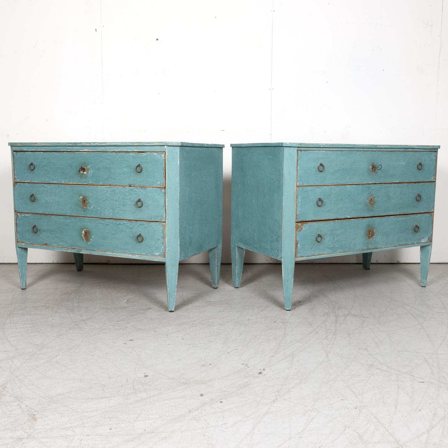 Pair of Late 19th Century French Louis XVI Style Aqua or Teal Painted Commodes 1