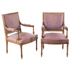 Antique Pair of Late 19th Century French Louis XVI Style Hand Carved Walnut Armchairs