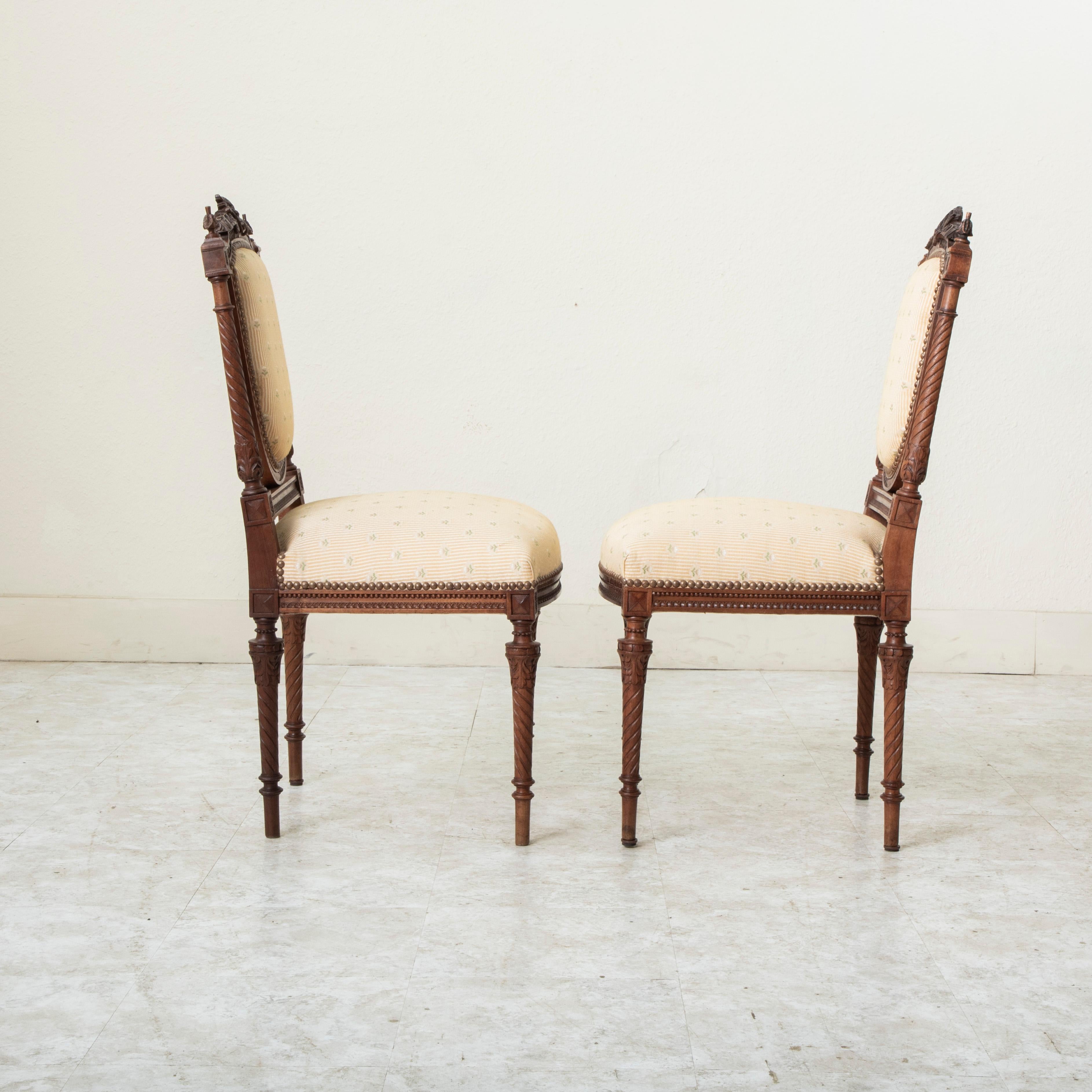 Pair of Late 19th Century French Louis XVI Style Hand Carved Walnut Side Chairs In Good Condition For Sale In Fayetteville, AR