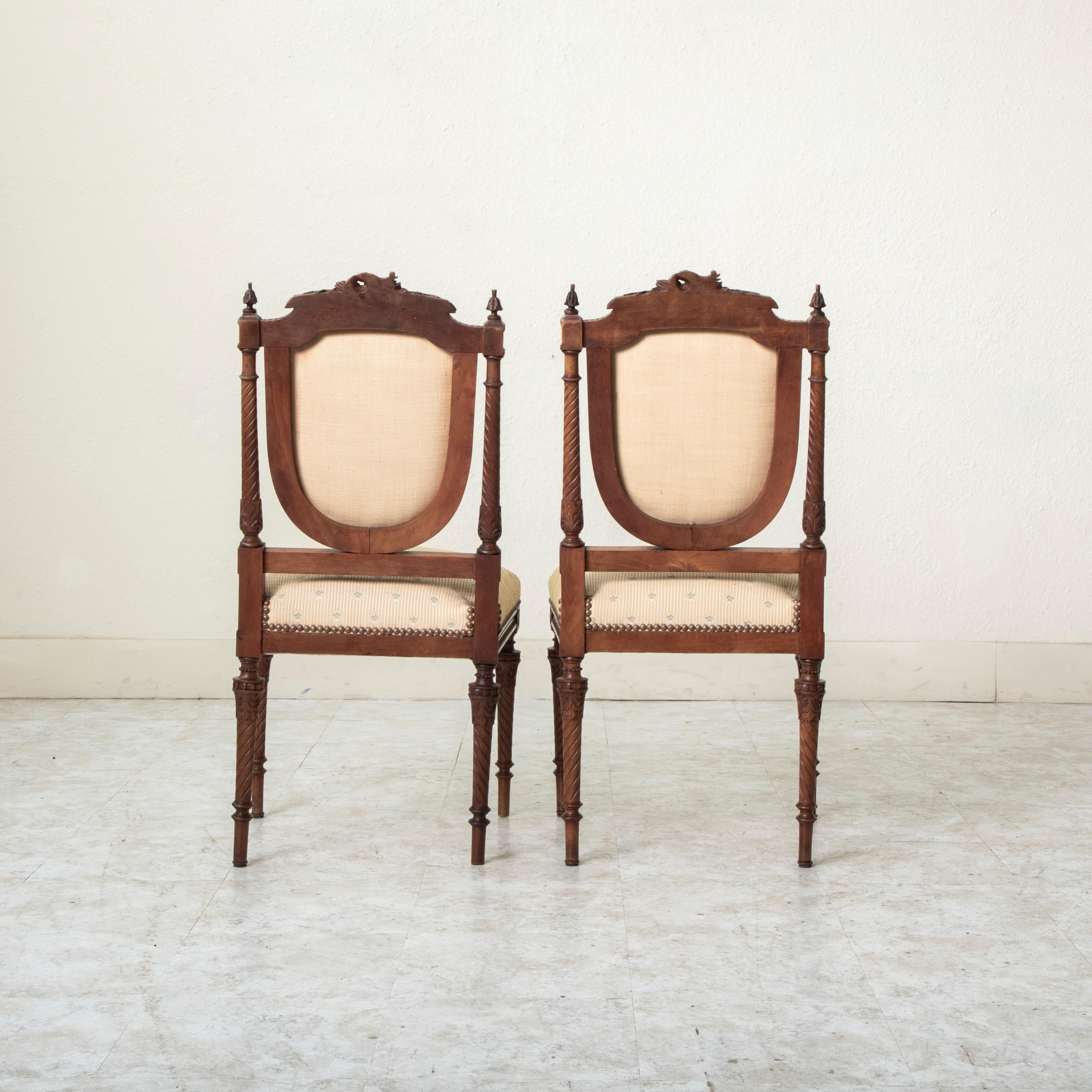 Upholstery Pair of Late 19th Century French Louis XVI Style Hand Carved Walnut Side Chairs For Sale