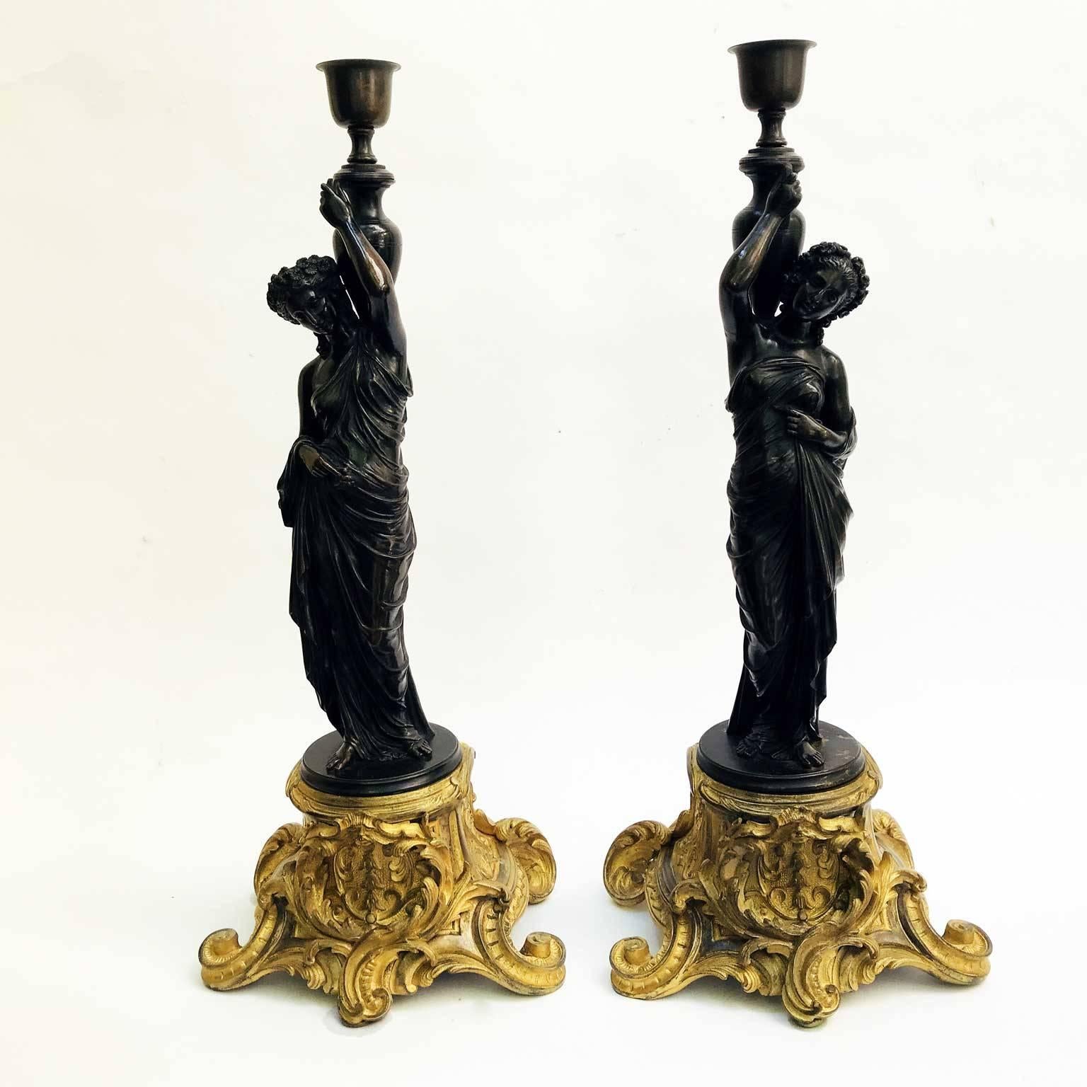 Gilt Pair of Late 19th Century French Metal Figural Table Lamps Neoclassical Style