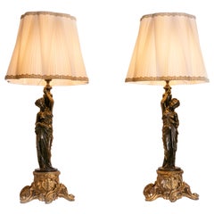 Antique Pair of Late 19th Century French Metal Figural Table Lamps Neoclassical Style