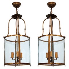 Pair of Late 19th Century French Neoclassical Style Curved Glass Brass Lanterns