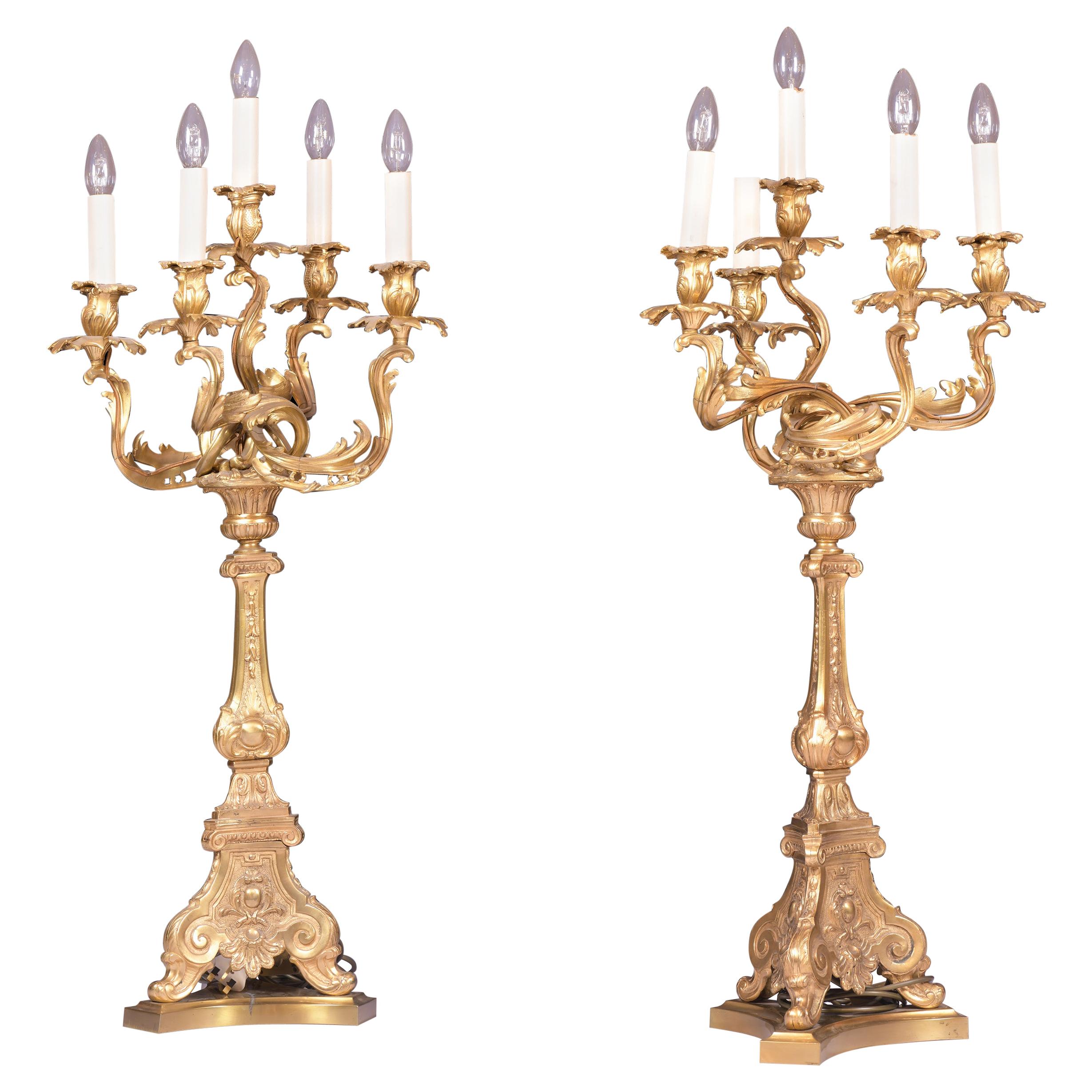 Pair of Late 19th Century French Ormolu Candelabra Lamps in the Louis XV Style