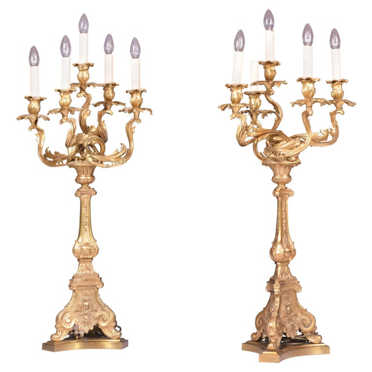 Pair of Late 19th Century French Ormolu Candelabra Lamps in the Louis XV Style For Sale