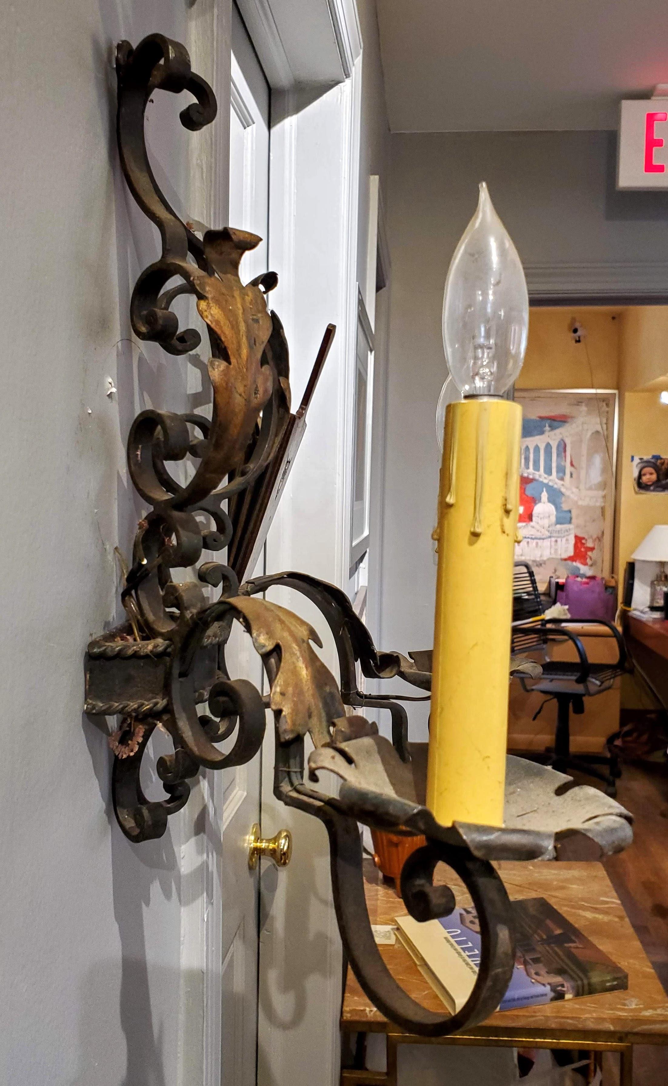 Pair of Late 19th Century French Provincial Wrought Iron Gilded Wall Sconces In Good Condition In Middleburg, VA