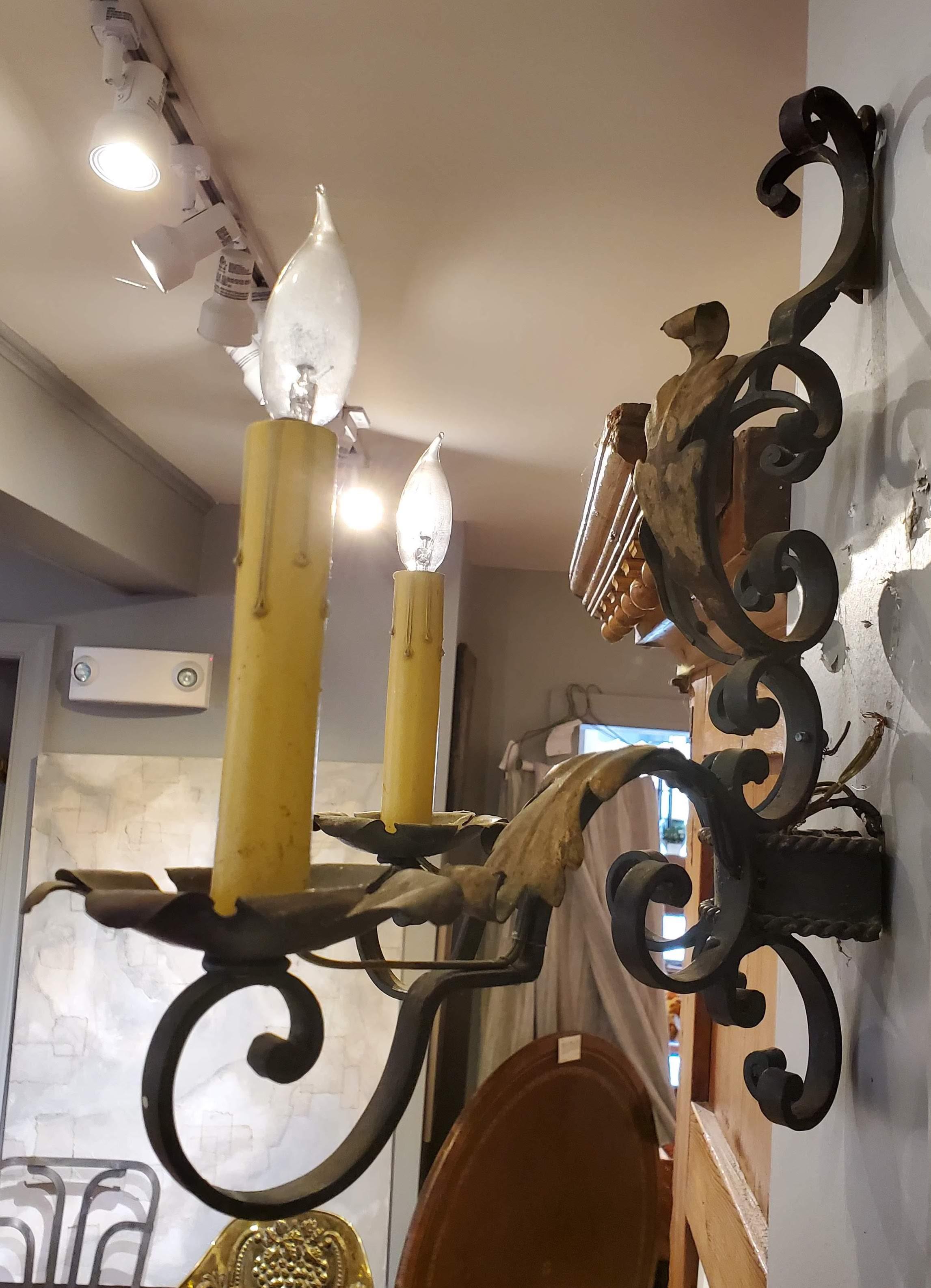 Pair of Late 19th Century French Provincial Wrought Iron Gilded Wall Sconces 1