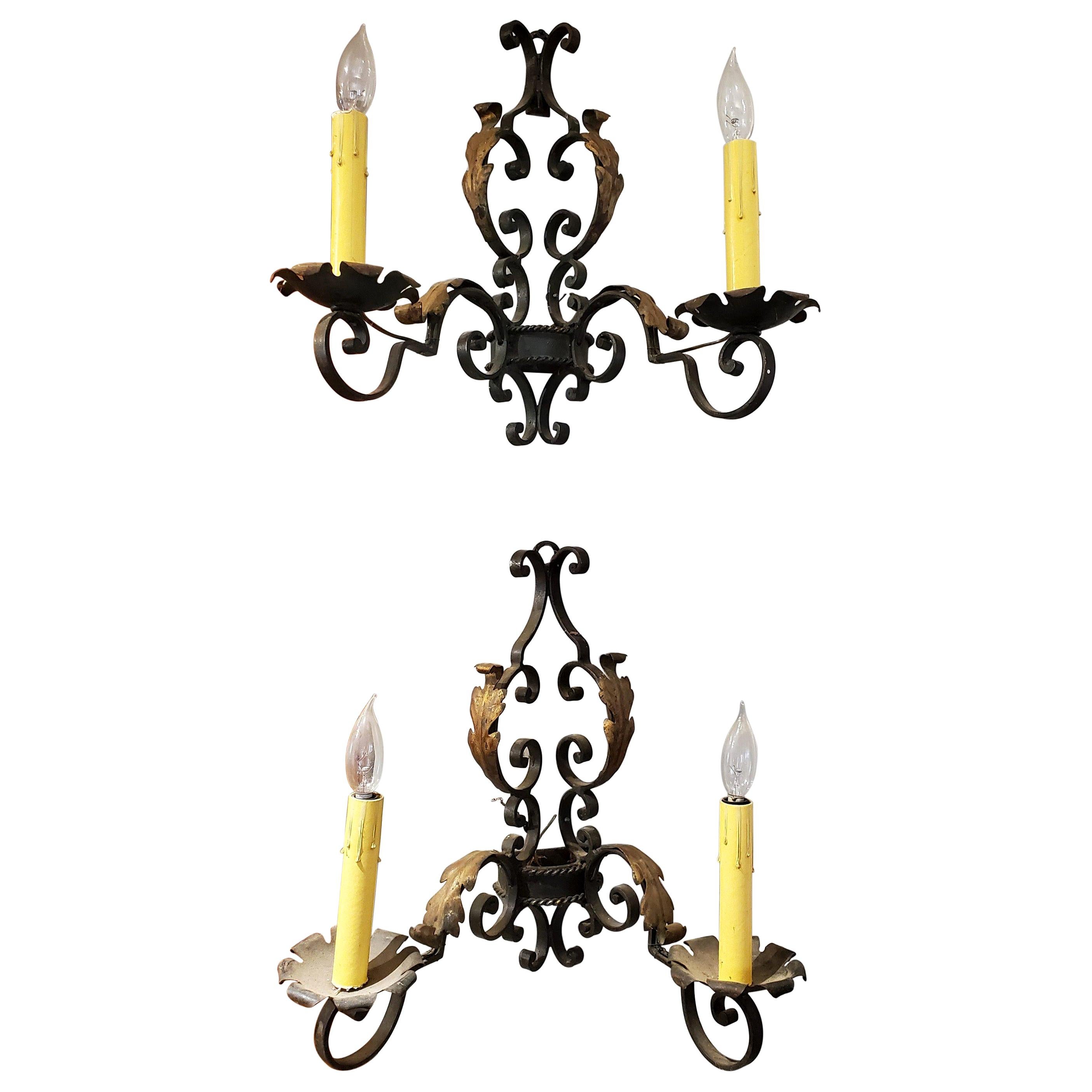 Pair of Late 19th Century French Provincial Wrought Iron Gilded Wall Sconces