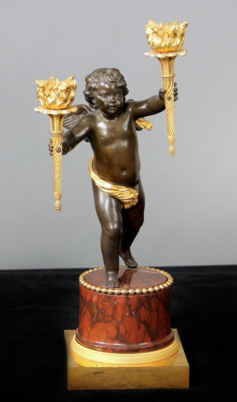 French Pair of Late 19th Century Gilt and Patinated Bronze Two Light Candelabra For Sale