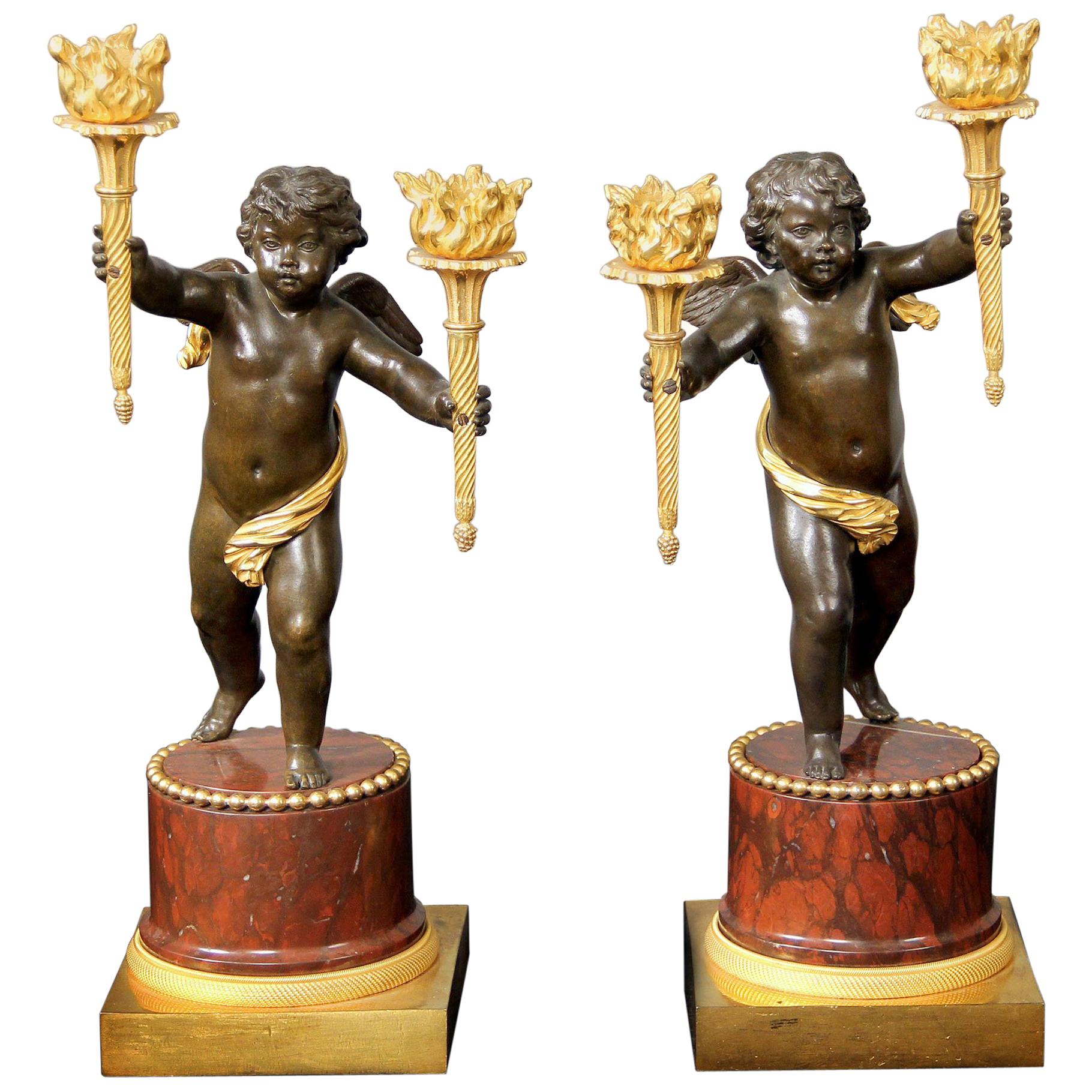 Pair of Late 19th Century Gilt and Patinated Bronze Two Light Candelabra