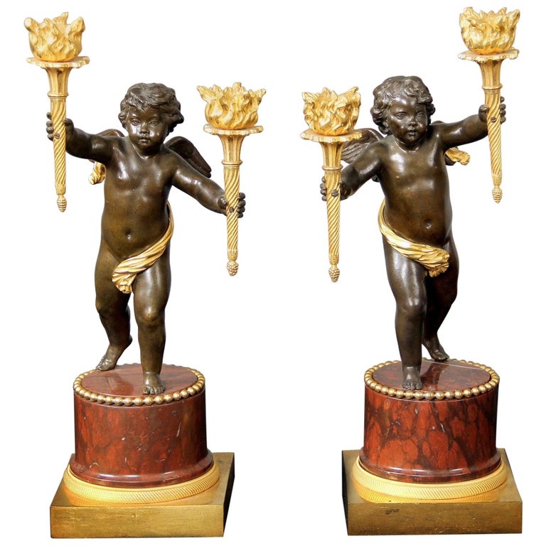 Pair of Late 19th Century Gilt and Patinated Bronze Two Light Candelabra For Sale