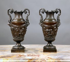 Pair of Late 19th Century Gilt and Patinated Bronze Vases After Clodion