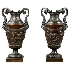 Pair of Late 19th Century Gilt and Patinated Bronze Vases After Clodion