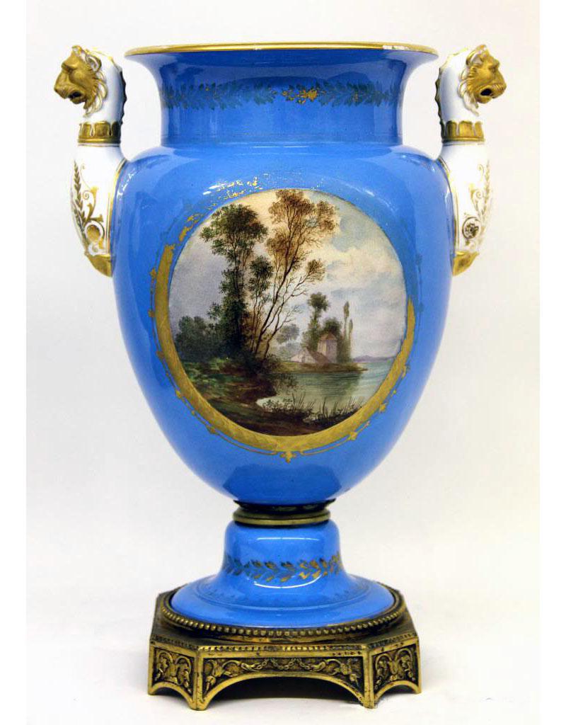 Belle Époque Pair of Late 19th Century Gilt Bronze and Sky Blue Sèvres Style Porcelain Vases For Sale