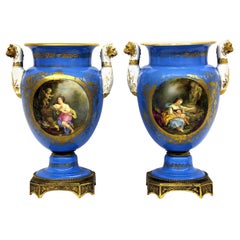 Pair of Late 19th Century Gilt Bronze and Sky Blue Sèvres Style Porcelain Vases
