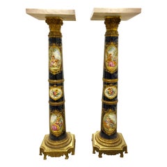 Pair of Late 19th Century Gilt Bronze-Mounted Painted Sèvres Style Pedestals