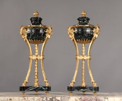 Pair of Late 19th Century Gilt Bronze Mounted Verde Antico Marble Cassolettes
