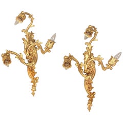 Antique Pair of Late 19th Century Gilt Bronze Three-Light Sconces