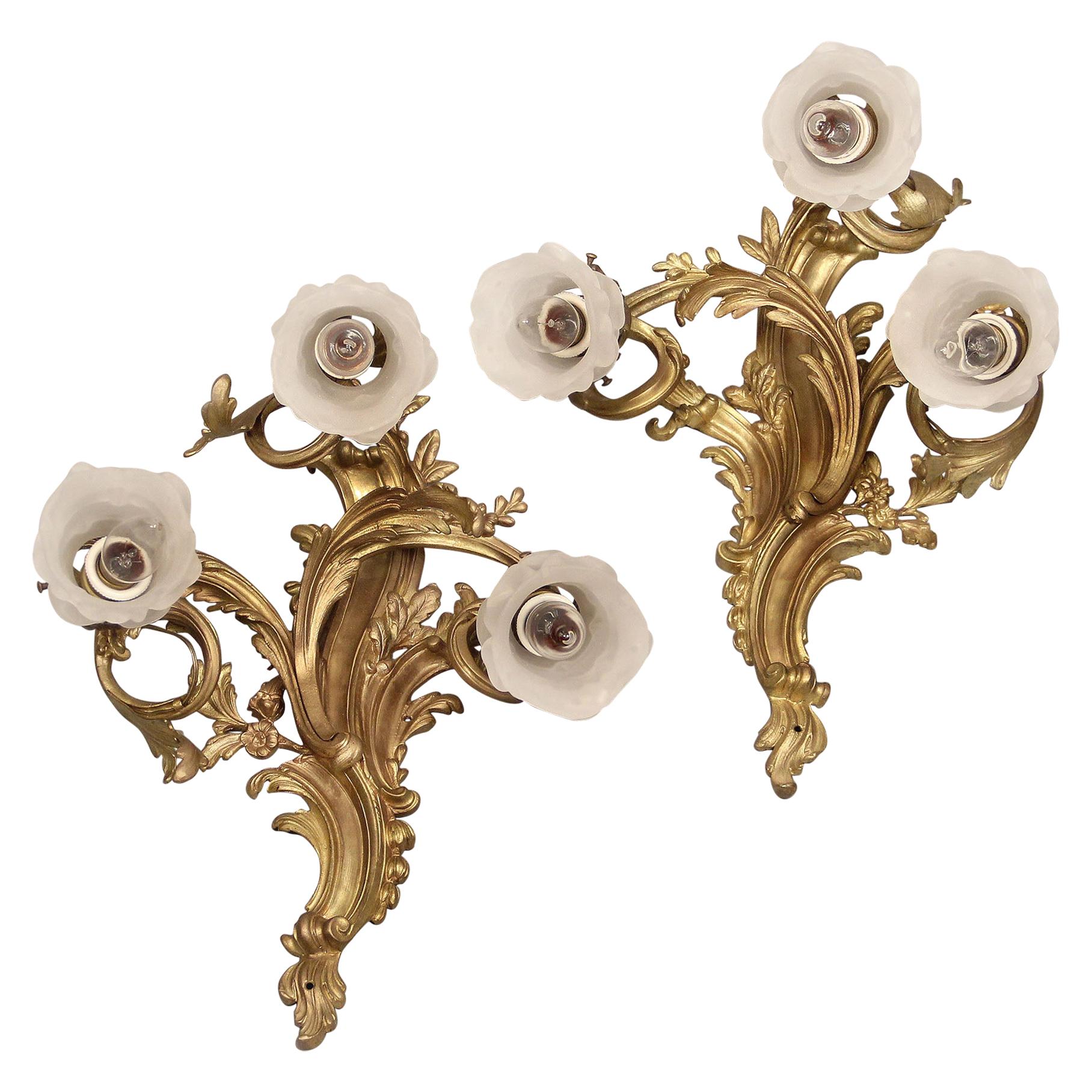 Pair of Late 19th Century Gilt Bronze Three-Light Sconces For Sale